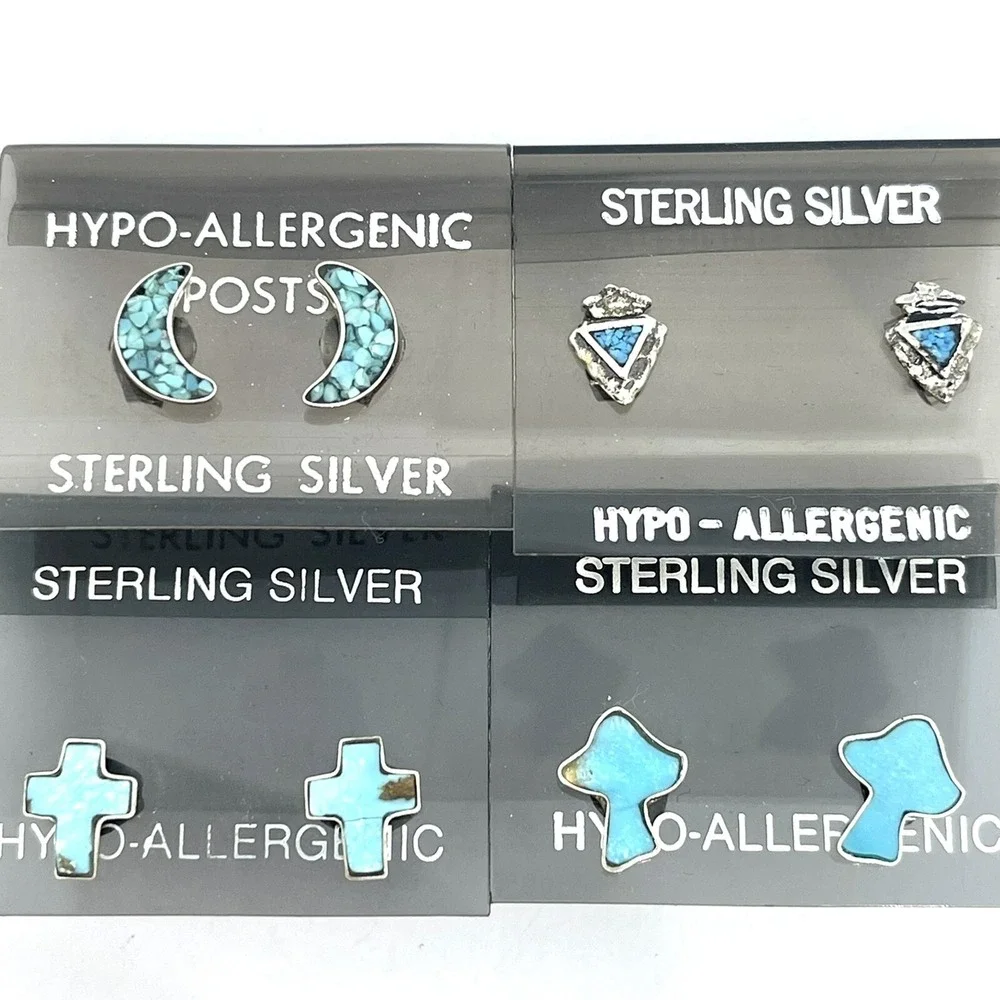VTG Navajo Turquoise Stud Earring Lot‎ 4 Pair Arrowhead Moon Cross Sterling 925